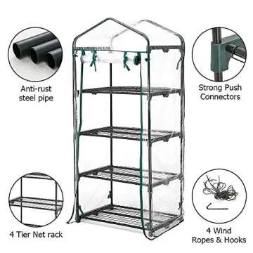 Greenhouse 4 Tier Mini Greenhouse 63x28x20 in Portable Garden Green House, with Zippered PVC Cover, Metal Shelves for Garden Yard Patio Indoor Outdoor, Extra Hooks Wind Ropes 8 Net Rack Buckles