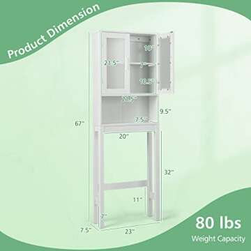 BestComfort Over The Toilet Storage Cabinet, Bathroom Organizer with Frosted Glass Doors, Adjustable Shelf, Open Compartment, Freestanding Over Toilet Rack Unit for Washroom Laundry (67'' H)