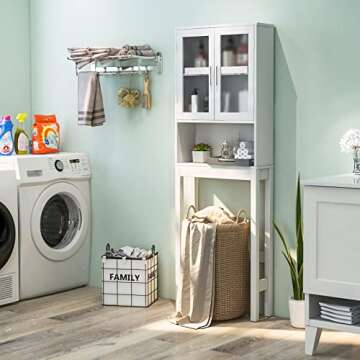 BestComfort Over The Toilet Storage Cabinet, Bathroom Organizer with Frosted Glass Doors, Adjustable Shelf, Open Compartment, Freestanding Over Toilet Rack Unit for Washroom Laundry (67'' H)