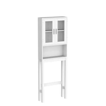 BestComfort Over The Toilet Storage Cabinet, Bathroom Organizer with Frosted Glass Doors, Adjustable Shelf, Open Compartment, Freestanding Over Toilet Rack Unit for Washroom Laundry (67'' H)