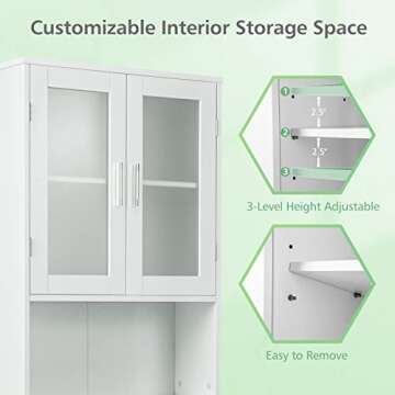 BestComfort Over The Toilet Storage Cabinet, Bathroom Organizer with Frosted Glass Doors, Adjustable Shelf, Open Compartment, Freestanding Over Toilet Rack Unit for Washroom Laundry (67'' H)