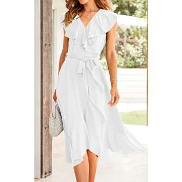 PRETTYGARDEN Women's Summer Wrap Maxi Dress Casual Boho Deep V Neck Short Sleeve Ruffle Hem Split Beach Long Dresses (White,Large)