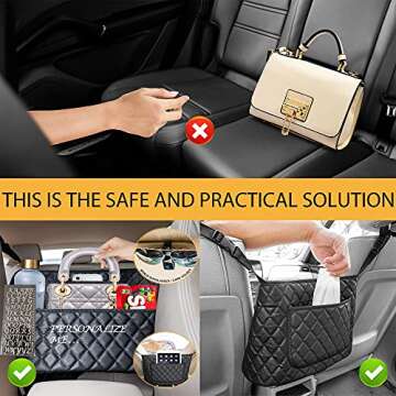 Car Handbag Holder Purse Holder for Car Seat Organizer and Sunglasses Holder Premium Leather Handbag Holder Customizable Car Gap Organizer Large Organizer Storage Capacity Universal Fit, black