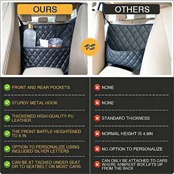 Car Handbag Holder Purse Holder for Car Seat Organizer and Sunglasses Holder Premium Leather Handbag Holder Customizable Car Gap Organizer Large Organizer Storage Capacity Universal Fit, black