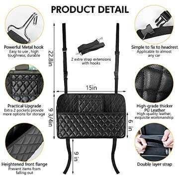 Car Handbag Holder Purse Holder for Car Seat Organizer and Sunglasses Holder Premium Leather Handbag Holder Customizable Car Gap Organizer Large Organizer Storage Capacity Universal Fit, black