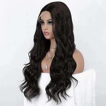 K'ryssma Black Synthetic Lace Front Wigs Body Wave Glueless Long Black Wigs for Black Women Black Wavy Synthetic Wig with Natural Hairline 24 inch