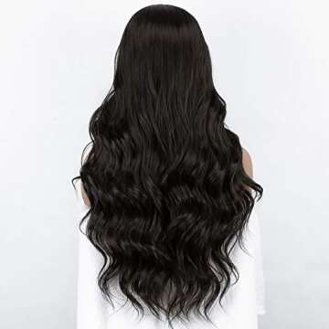 K'ryssma Black Synthetic Lace Front Wigs Body Wave Glueless Long Black Wigs for Black Women Black Wavy Synthetic Wig with Natural Hairline 24 inch