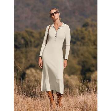 MEROKEETY Women's Long Sleeve V Neck Sweater Dress Button Ribbed Knit Slim Fit Elegant Maxi Dresses, Beige, XL
