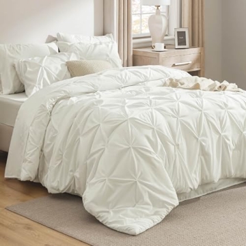 Bedsure King Size Comforter Set Ivory - Bed in a Bag King Size 7 Pieces, Pintuck Bed Set Gift for Fa...