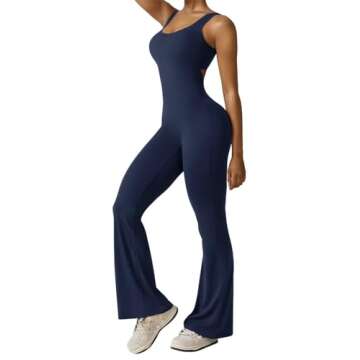 Vertvie Sleeveless Flare Jumpsuits for Women Sexy Backless Bodycon V Back Scrunch Butt Yoga Rompers ...