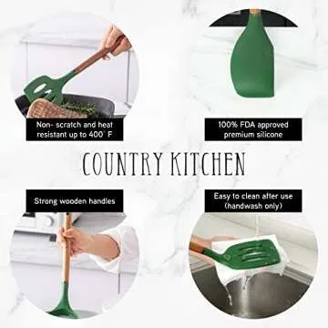 Country Kitchen Silicone Utensil Set with Wooden Handles