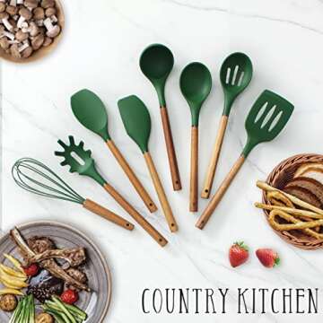 Country Kitchen Silicone Utensil Set with Wooden Handles