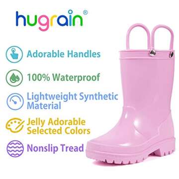 HugRain Toddler Rain Boots Girls baby Kids Waterproof Shoes Lightweight Adorable Cute Solid Rubber mud boots non slip with Easy-On Handles (Size 10,pink)