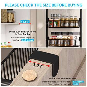 1Easylife 6-Tier Over the Door Pantry Organizer, Metal Pantry Organization and Storage with 6 Baskets, Heavy-Duty Back of Door Spice Rack for Kitchen (5x4.72+1x5.9 Width Baskets, Black)