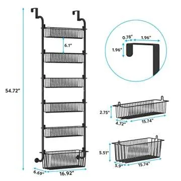 1Easylife 6-Tier Over the Door Pantry Organizer, Metal Pantry Organization and Storage with 6 Baskets, Heavy-Duty Back of Door Spice Rack for Kitchen (5x4.72+1x5.9 Width Baskets, Black)