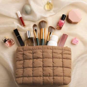 Hillban Puffy Quilted Makeup Bag Quilted Cosmetic Bag Cute Puffer Toiletry Checkered Pouch Aesthetic Travel Makeup Brushes Organizer(Brown,Classic)