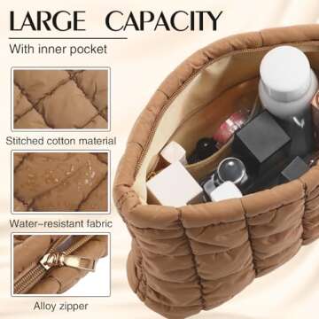 Hillban Puffy Quilted Makeup Bag Quilted Cosmetic Bag Cute Puffer Toiletry Checkered Pouch Aesthetic Travel Makeup Brushes Organizer(Brown,Classic)