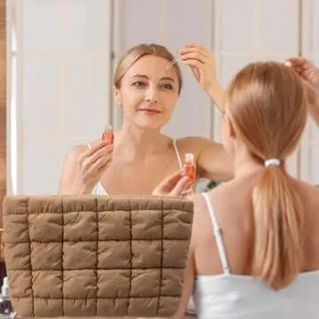 Hillban Puffy Quilted Makeup Bag Quilted Cosmetic Bag Cute Puffer Toiletry Checkered Pouch Aesthetic Travel Makeup Brushes Organizer(Brown,Classic)