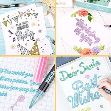 Whaline Double Line Outline Pens 12 Colors Self-Outline Metallic Markers Super Squiggles Shimmer Markers Glitter Writing Drawing Pens for Christmas Card Birthday Greeting DIY Art Crafts Scrap Booking