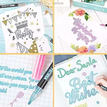 Whaline Double Line Outline Pens 12 Colors Self-Outline Metallic Markers Super Squiggles Shimmer Markers Glitter Writing Drawing Pens for Christmas Card Birthday Greeting DIY Art Crafts Scrap Booking