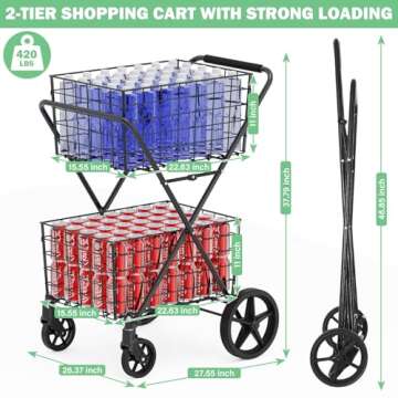 [2025𝐍𝐄𝐖] 2-Tier Extra Large Collapsible Grocery Cart On Wheels, 400lbs Shopping Cart For G...