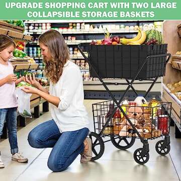 [2025𝐍𝐄𝐖] 2-Tier Extra Large Collapsible Grocery Cart On Wheels, 400lbs Shopping Cart For Groceries With 2 Removable Baskets, Waterproof Liner, Heavy Duty Foldable Shopping Utility Cart For Seniors