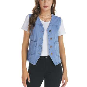 Ladyful Women's Sleeveless Denim Vest V Neck Button Down Jean Waistcoat Jacket