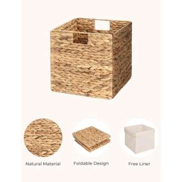 StorageWorks Wicker Baskets for Storage with Liners, Water Hyacinth Storage Baskets for Organizing, Handwoven Wicker Storage Cubes, Large, 2 Pack