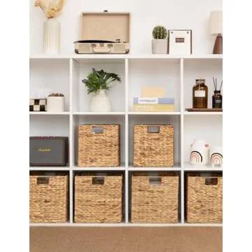 StorageWorks Wicker Baskets for Storage with Liners, Water Hyacinth Storage Baskets for Organizing, Handwoven Wicker Storage Cubes, Large, 2 Pack