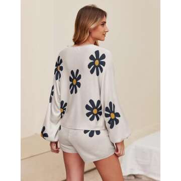 Ekouaer Knit Pajamas Set for Women Lounge Sets Long Sleeve Sweatsuit Matching 2 Piece Outfits Cute Sweater Sets Floral White M