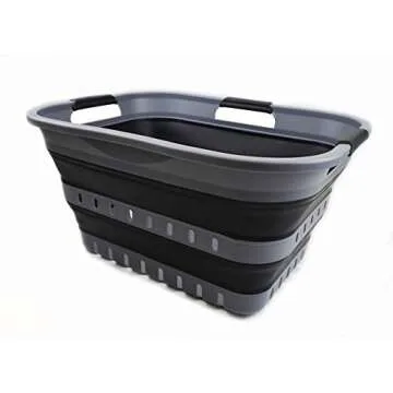 SAMMART 30L (8 Gallon) Collapsible 3 Handled Plastic Laundry Basket - Foldable Pop Up Storage Container/Organizer - Space Saving Hamper/Basket (Grey/Black)