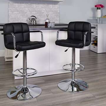 Flash Furniture Contemporary Black Quilted Vinyl Adjustable Height Barstool with Arms and Chrome Base
