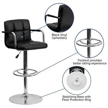 Flash Furniture Contemporary Black Quilted Vinyl Adjustable Height Barstool with Arms and Chrome Base