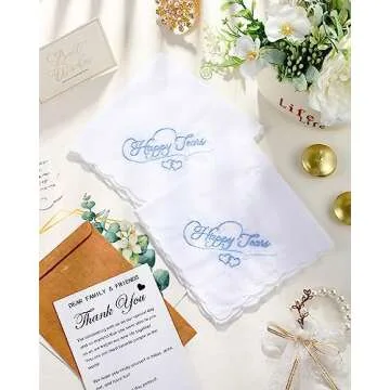 Tranqun 50 Pcs Wedding Handkerchief Happy Tears Handkerchief Something Blue Bride Mother of The Bride Gifts Handkerchief Cotton Scalloped Pocket Square Hankies for Bridal Shower Women Men