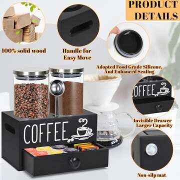Glass Coffee Containers with Shelf, Coffee Bean Storage Container with Airtight Lids, Coffee Container for Ground Coffee, Coffee Bar Accessories Organizer with Drawer, Food Storage Jars for Kitchen