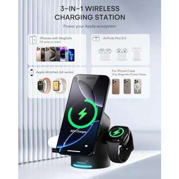 ZEEHOO 3 in 1 Charging Station for Apple Devices, Mag-Safe Charger Stand, Qi2 15W Auto-Rotating Wireless Charging Station for iPhone 16/15/14/13/12 Series& AirPods& iWatch(30W Charger Included)
