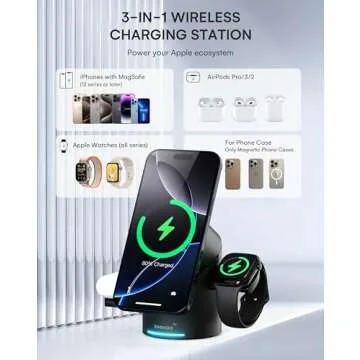 ZEEHOO 3 in 1 Charging Station for Apple Devices, Mag-Safe Charger Stand, Qi2 15W Auto-Rotating Wireless Charging Station for iPhone 16/15/14/13/12 Series& AirPods& iWatch(30W Charger Included)