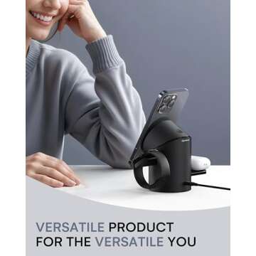 ZEEHOO 3 in 1 Charging Station for Apple Devices, Mag-Safe Charger Stand, Qi2 15W Auto-Rotating Wireless Charging Station for iPhone 16/15/14/13/12 Series& AirPods& iWatch(30W Charger Included)