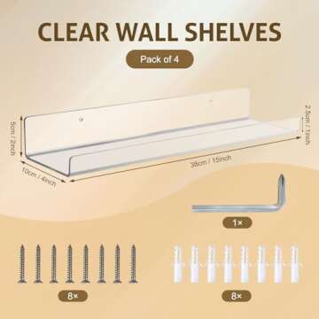 AMEITECH 4 Pack Floating Shelves for Wall, 15" Acrylic Shelves for Room Decor, Book Shelf for Kids, Clear Hanging Display Shelf Organizer for Kitchen, Bedroom, Bathroon Organizers and Storage