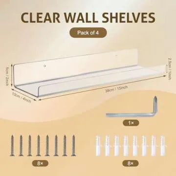 AMEITECH 4 Pack Floating Shelves for Wall, 15" Acrylic Shelves for Room Decor, Book Shelf for Kids, Clear Hanging Display Shelf Organizer for Kitchen, Bedroom, Bathroon Organizers and Storage