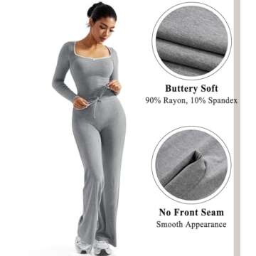 OMKAGI Womens Lounge Set Lace Square Neck Long Sleeve Tops Wide Leg Pants 2 Piece Outfits(S,212-Grey)