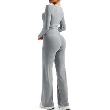 OMKAGI Womens Lounge Set Lace Square Neck Long Sleeve Tops Wide Leg Pants 2 Piece Outfits(S,212-Grey)