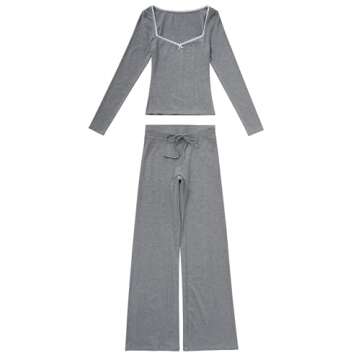 OMKAGI Womens Lounge Set Lace Square Neck Long Sleeve Tops Wide Leg Pants 2 Piece Outfits(S,212-Grey)