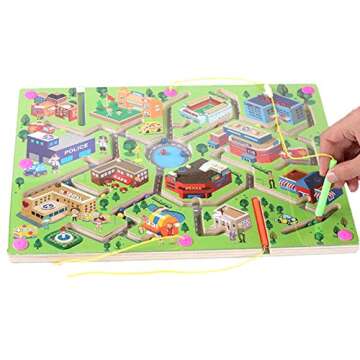 O-Toys Kids Maze Wooden Puzzle Activity Magnet Toys Beads Board Game Play Set for Boys Girls Learning Education Toy with Magnetic Wand for Toddlers Infants Preschool Children (City Traffic)