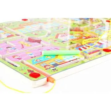 O-Toys Kids Maze Wooden Puzzle Activity Magnet Toys Beads Board Game Play Set for Boys Girls Learning Education Toy with Magnetic Wand for Toddlers Infants Preschool Children (City Traffic)