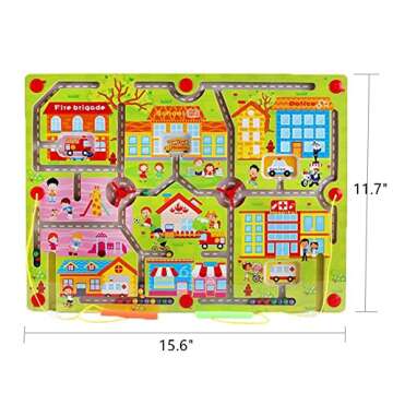 O-Toys Kids Maze Wooden Puzzle Activity Magnet Toys Beads Board Game Play Set for Boys Girls Learning Education Toy with Magnetic Wand for Toddlers Infants Preschool Children (City Traffic)