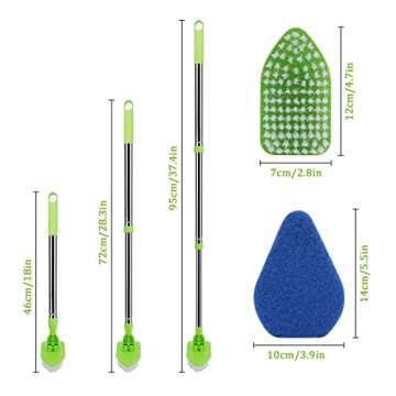 Shower Cleaning Brush, Globalstore 2 in 1 Scrub Brush Shower Scrubber for Cleaning, 37” Scrubbing Brush Bathtub Scrubber for Shower Floor Bathroom Wall Glass, 1 Stiff Bristle and 3 Sponge Brushes