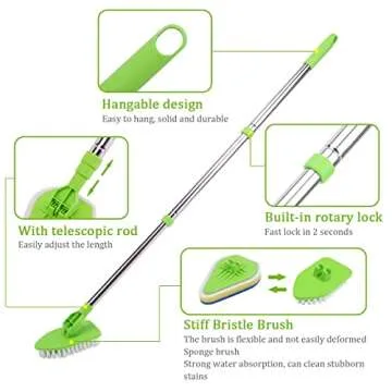Shower Cleaning Brush, Globalstore 2 in 1 Scrub Brush Shower Scrubber for Cleaning, 37” Scrubbing Brush Bathtub Scrubber for Shower Floor Bathroom Wall Glass, 1 Stiff Bristle and 3 Sponge Brushes