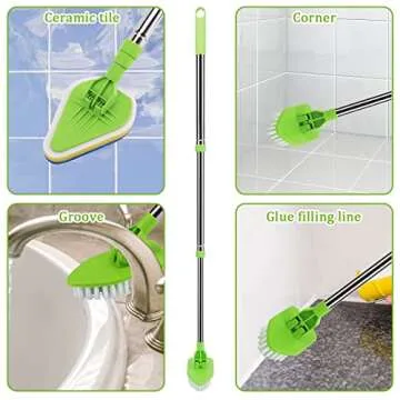 Shower Cleaning Brush, Globalstore 2 in 1 Scrub Brush Shower Scrubber for Cleaning, 37” Scrubbing Brush Bathtub Scrubber for Shower Floor Bathroom Wall Glass, 1 Stiff Bristle and 3 Sponge Brushes