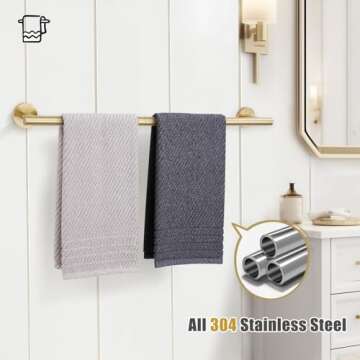 TURS Bath Towel Bar 23.6 Inch Towel Rack Stainless Steel Round Towel Holder Brushed Gold Wall Mounted